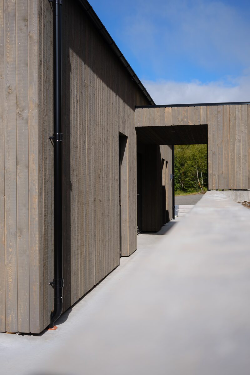 A close angle up the dark vertical timber cladding of the house's corner against a blue sky.