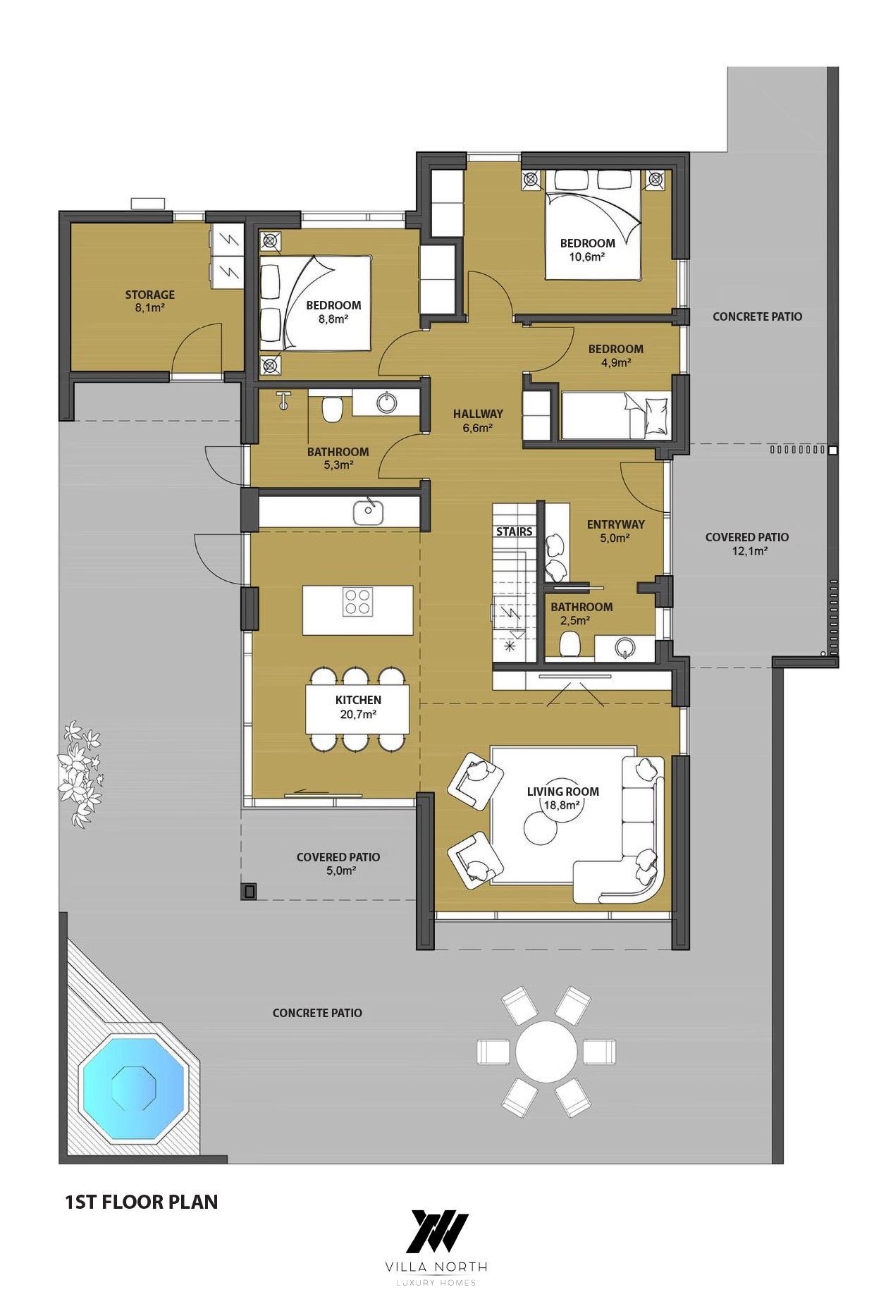 An architectural floor plan of the ground floor, labelled with room names and areas in square metres.