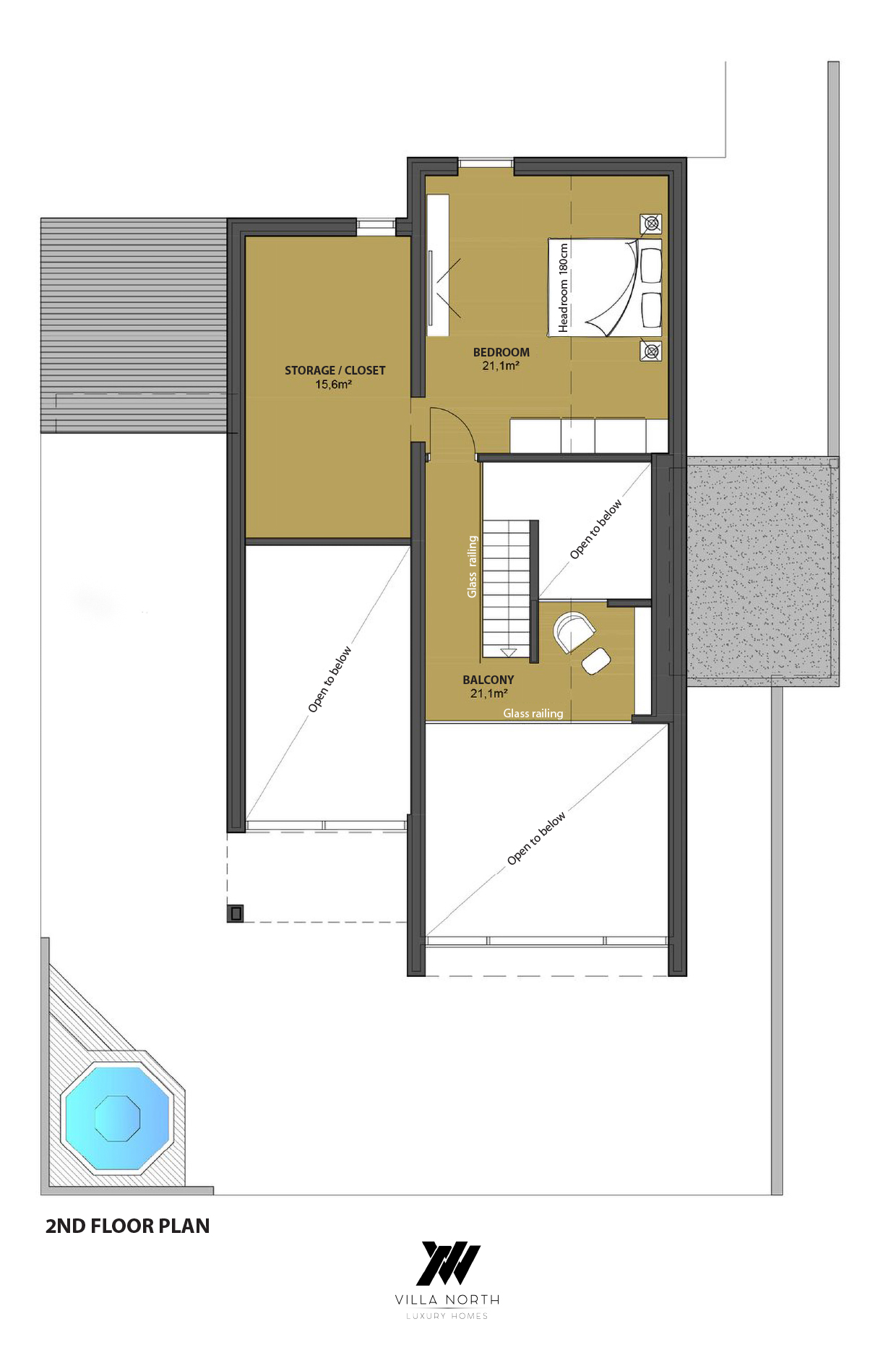 An architectural floor plan of the upper floor, showing the bedroom, storage/closet and balcony with areas in square metres.