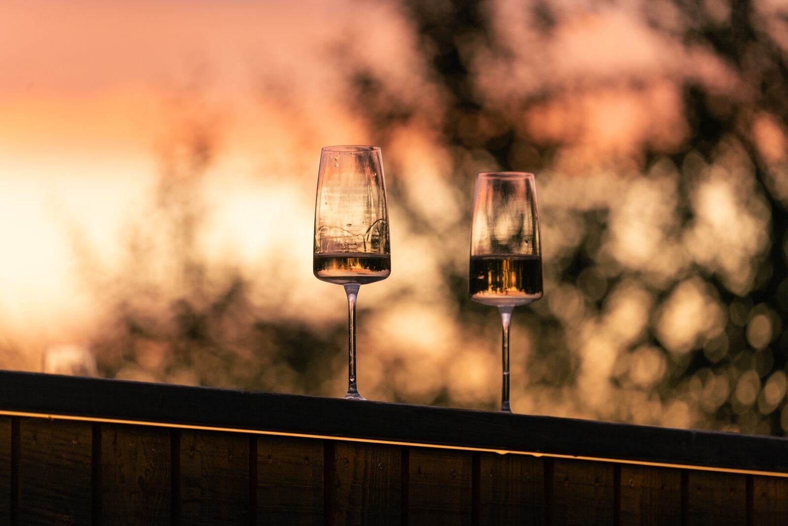 Two champagne flutes on a dark deck rail, backlit by a warm sunset with silhouetted birch branches.